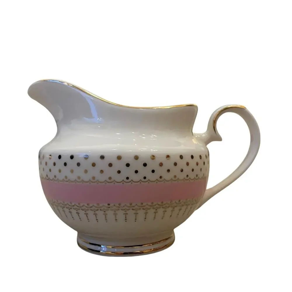 Grace Teaware Fine Porcelain Creamer & Sugar Bowl Pink White Gold Polka Dots New